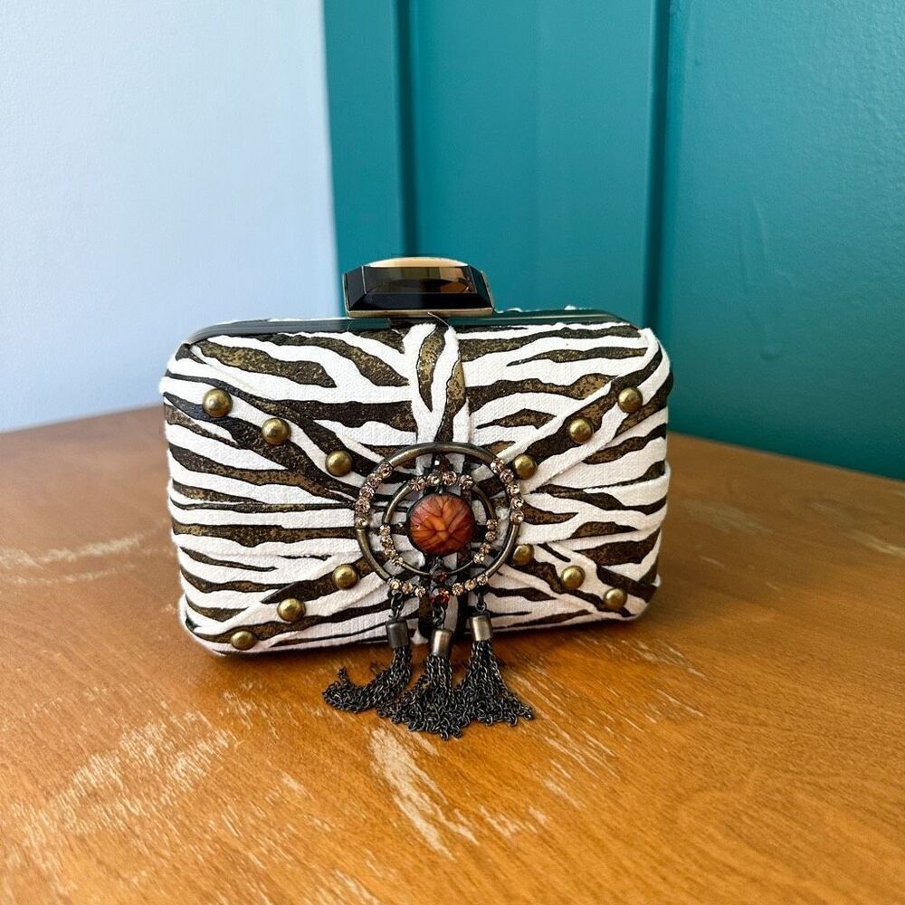 Mary Frances Aria Bronze Zebra Printed Tassel Versatile Shoulder Clutch Bag - Picture 9 of 14